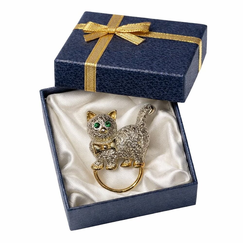 Vintage Cat Brooch Green Crystal Eyes Eyeglass or Scarf Loop Silver Gold
